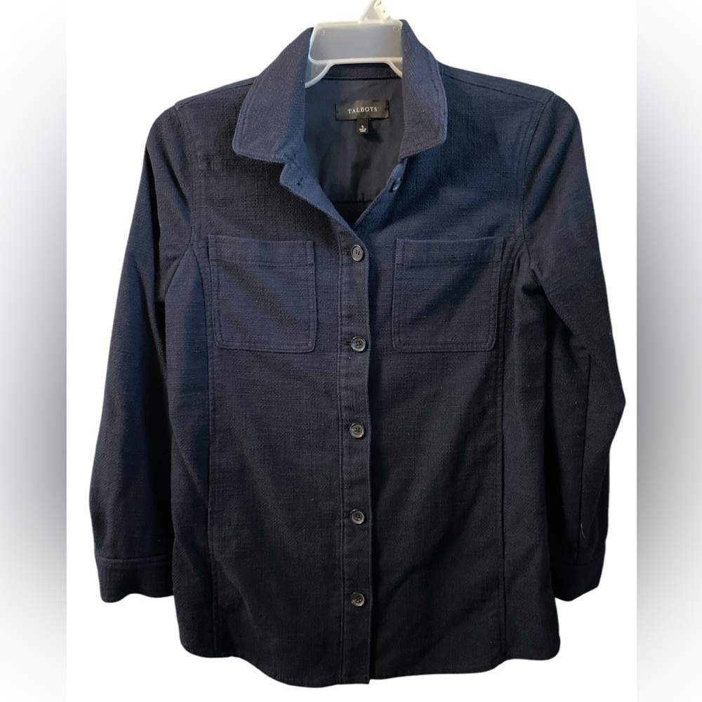 Talbots Flannel Chore Jacket Women's Blue Textured Long Sleeve Button Up Size S